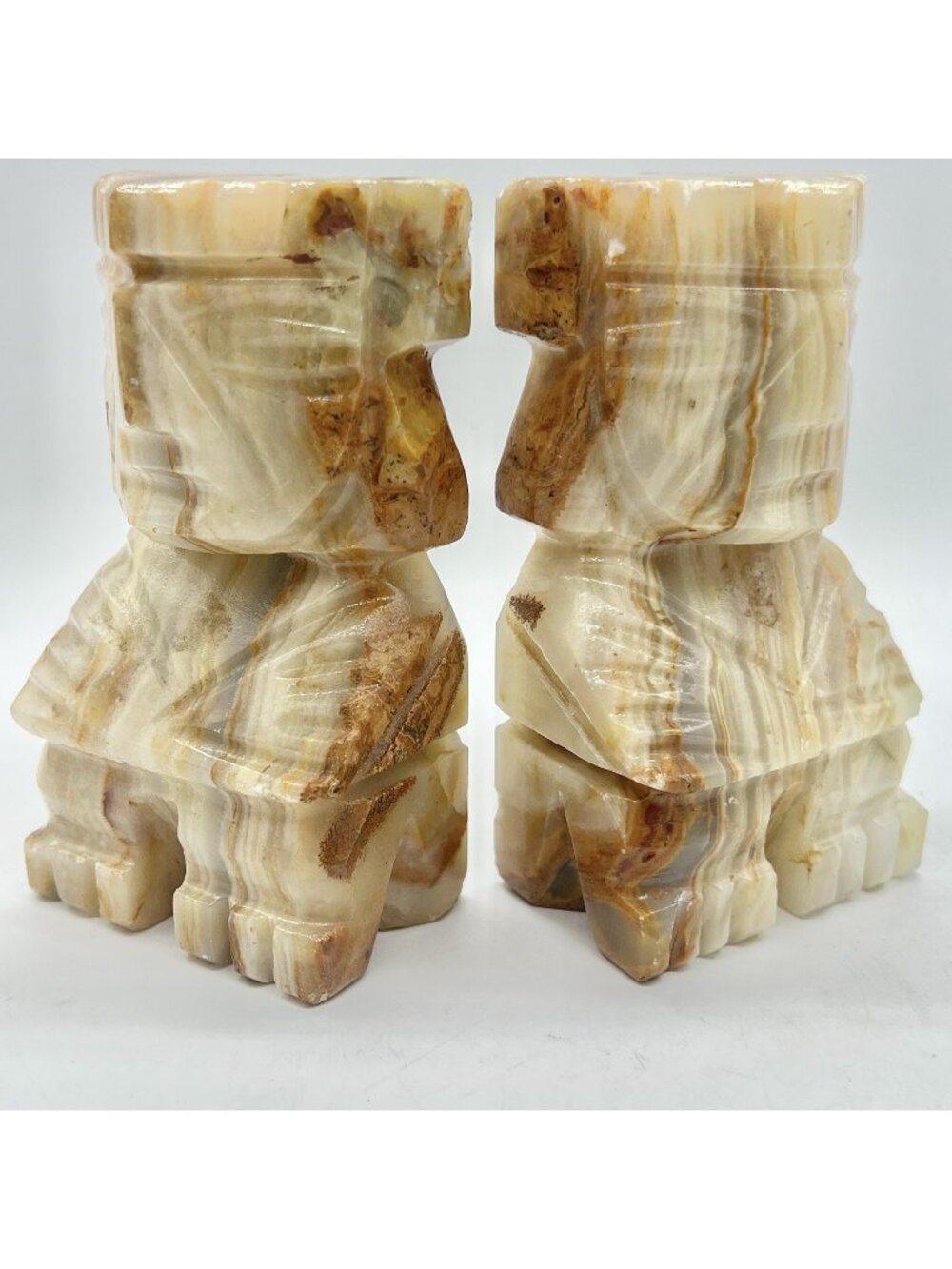 Vintage Onyx Stone Tiki Style Bookends Carved Banded Calcite Mid Century Pair